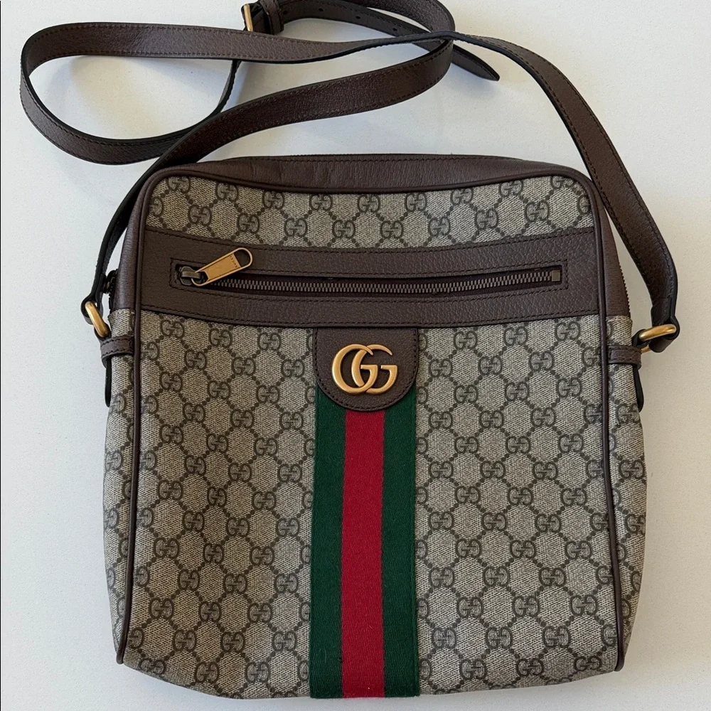 Gucci Brown GG Supreme Canvas Crossbody Bag with Red & Green Stripe